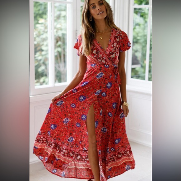 Boho Floral Wrap Dress Beach Cover Up Médium Maxi - Picture 2 of 2